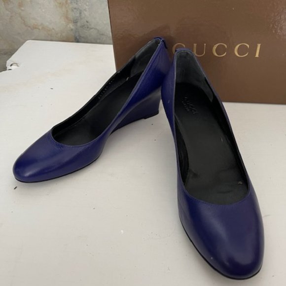 NEW Gucci Blue Leather Wedges - Picture 1 of 6